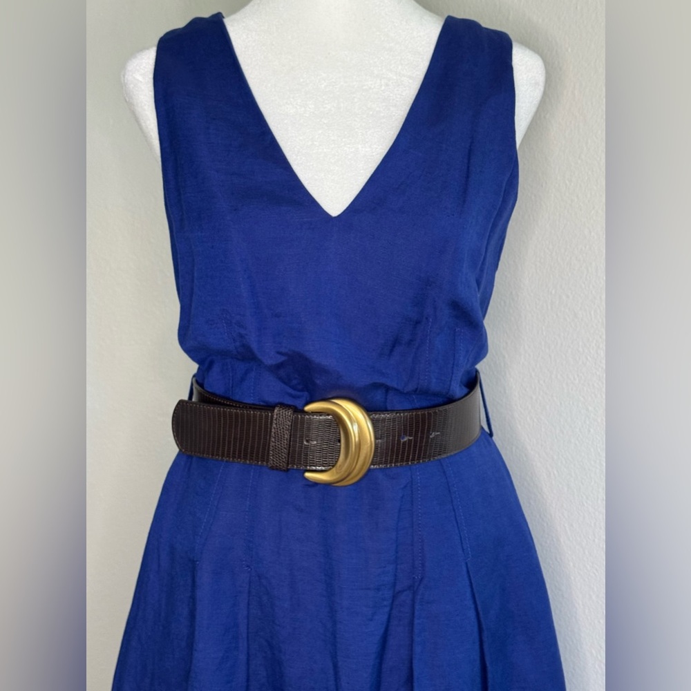 New Donna Karan Women’s V-Neck Sleeveless Belted Linen A-Line Blue Midi Dress - Picture 5 of 7